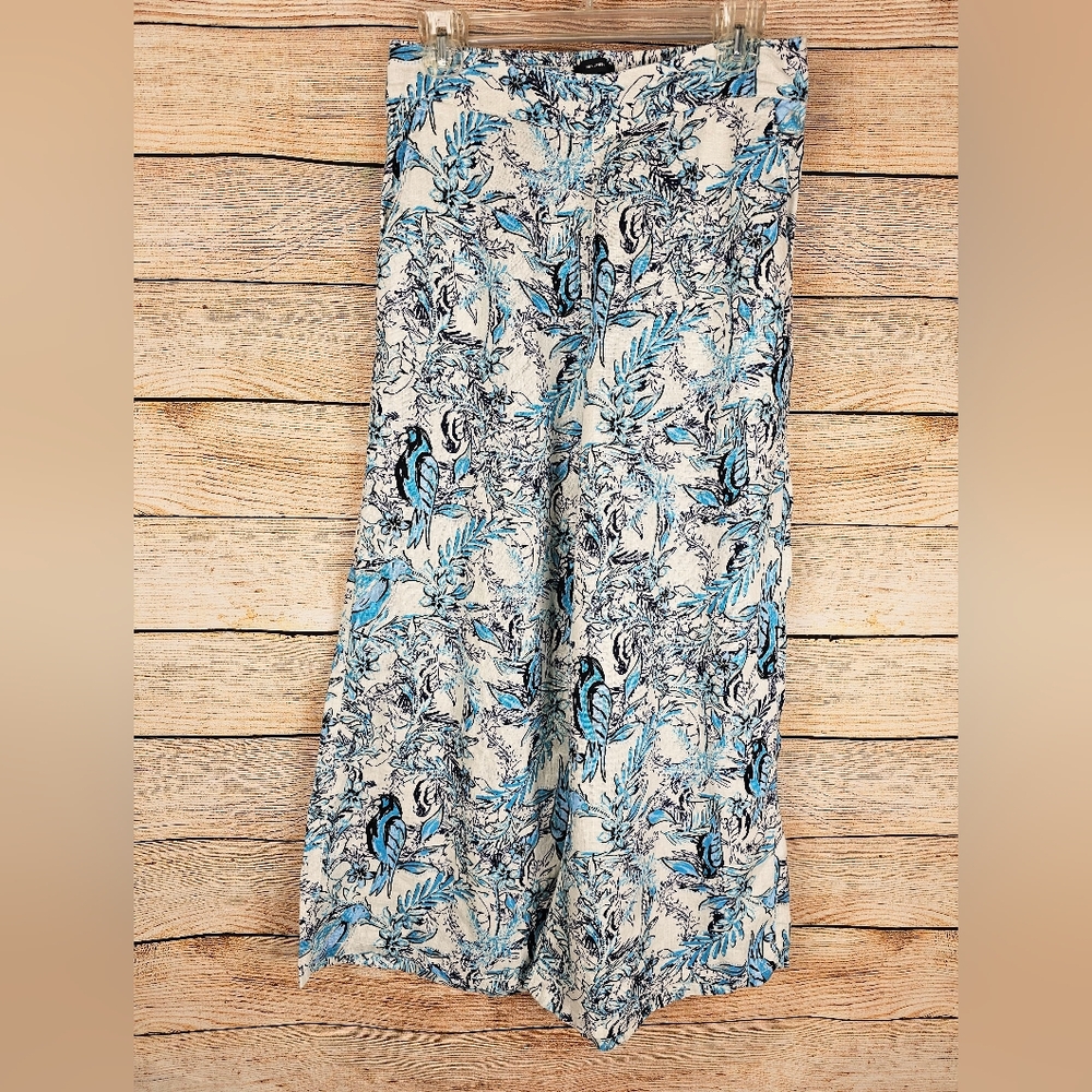 Tahari Linen Tropical Floral Bird Print Wide-Leg Cropped Pants Size Medium